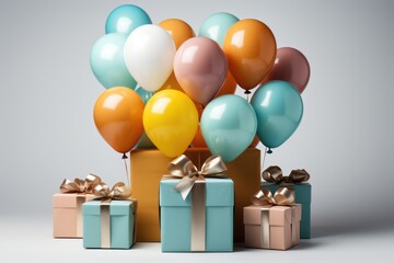 Obraz na płótnie Canvas gift boxes and colorful balloons isolated on white. AI Generated