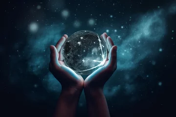 Foto op Canvas Moon globe held in hands against a starry sky backdrop. Conjuring a sense of esoteric mysticism, astrology, astronomy, and magic, this composition evokes cosmic wonder and spiritual exploration. © Ilia
