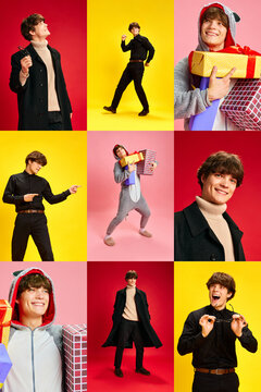Collage made of photos of expressive young handsome guy in different style clothes doing different activities over multi colored backgrounds.