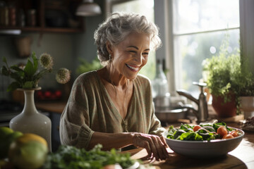Positive senior Caucasian lady preparing salad with greenery and fresh vegetables at kitchen table. Cheerful female homeowner, food guru preparing ingredients for family dinner. Healthy food concept. - obrazy, fototapety, plakaty