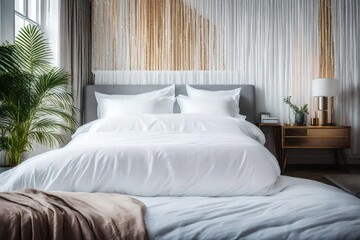 Describe the crisp and inviting look of a bedroom with a neatly folded white duvet as its centerpiece