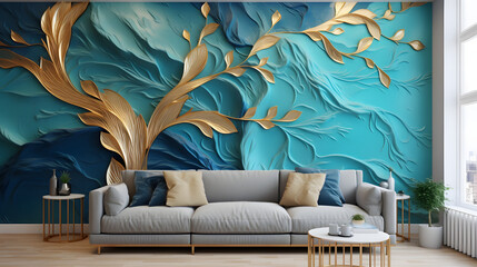 Turquoise blue waves swirls gold painted splashes 3d lines of tree with leaves texture marble. generative ai.