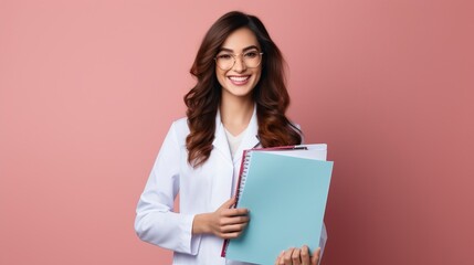 Fototapeta premium Smiling female doctor holding medical records, one Color background , copy space made by generative ai