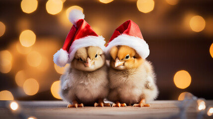 two chicken in christmas hats cute background