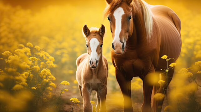 two horses in the field  of yellow flowerr