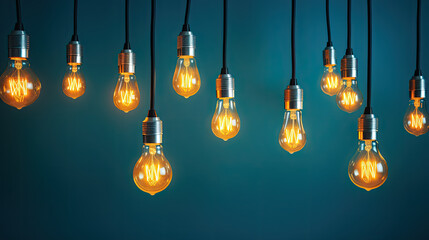 A row of light bulbs hanging from a blue wall, is a creative image perfect for marketing campaigns, interior design ideas, and business concepts related to innovation and creativity. - obrazy, fototapety, plakaty