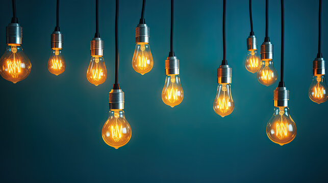 A row of light bulbs hanging from a blue wall, is a creative image perfect for marketing campaigns, interior design ideas, and business concepts related to innovation and creativity.