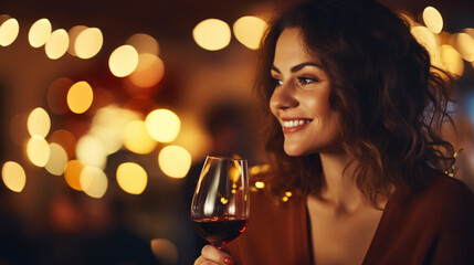 Woman drinking wine at a party warm colours