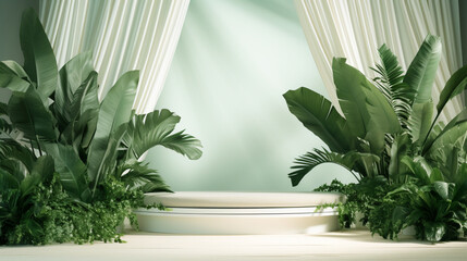 Tropic leaves on a stage, background palm tree leaves pastel colours