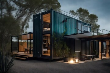 Fototapeta na wymiar Describe the sense of openness and connection to the outdoors in a shipping container home designed to embrace the sunny lake surroundings