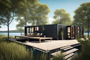 Write about the functional layout of a tiny shipping container home, designed to make the most of its sunny lakeside location