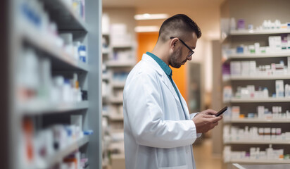 young male pharmacist using mobile phone while standing in pharmacy