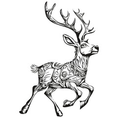 Hand Drawn Christmas Reindeer, deer Silhouette Vintage Engraved Sketch, black white isolated Vector ink outlines template for greeting card, invitation, logo