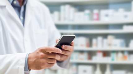 cropped view of Pharmacist, Physician using a mobile phone at drugstore room. Medical concept - obrazy, fototapety, plakaty