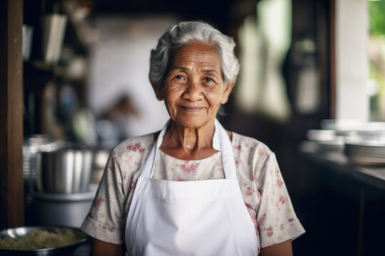 Portrait Of Old South-American Woman With Grey Hair Standing In The Kitchen Of A Country House Looking At Camera