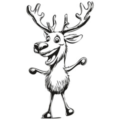 Hand Drawn Christmas Reindeer, deer Silhouette Vintage Sketch, black white isolated Vector ink outlines template for greeting card, poster, logo, invitation