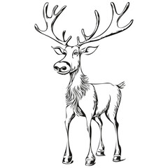 Hand Drawn Christmas Reindeer, deer Silhouette Vintage Sketch, black white Vector ink outlines template for greeting card, poster, invitation, logo