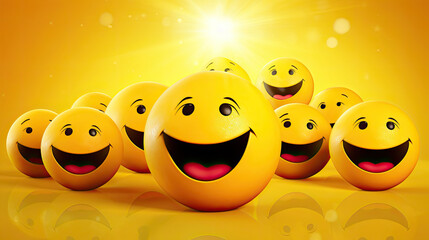 3d smiley faces on yellow background, 3d cartoon character smiles.3d  Illustration  - obrazy, fototapety, plakaty
