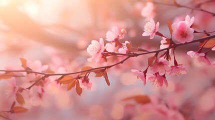 Pink Sakura tree branch, falling pink petals, warm summer. AI generated image
