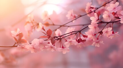 Obraz premium Pink Sakura tree branch, falling pink petals, warm summer. AI generated image