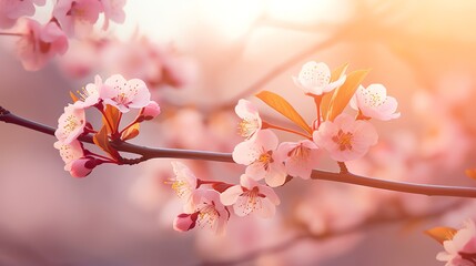 Pink Sakura tree branch, falling pink petals, warm summer. AI generated image
