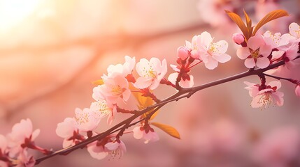 Pink Sakura tree branch, falling pink petals, warm summer. AI generated image