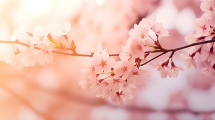 Obraz premium Pink Sakura tree branch, falling pink petals, warm summer. AI generated image