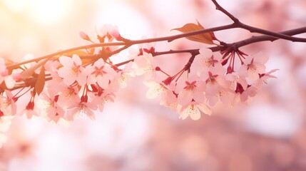 Obraz premium Pink Sakura tree branch, falling pink petals, warm summer. AI generated image