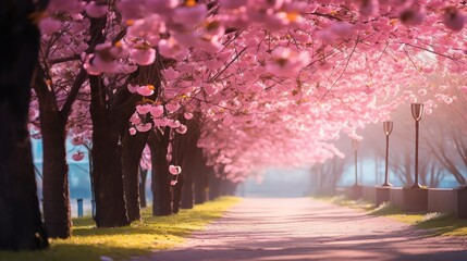 Alley with pink sakura trees, bright sunny day. AI generated image