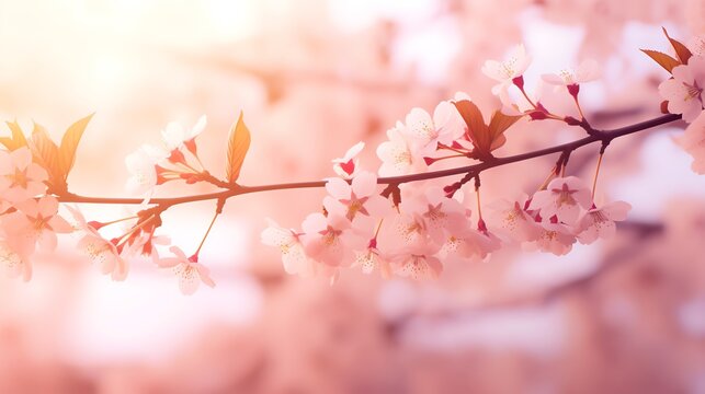 Pink Sakura tree branch, falling pink petals, warm summer. AI generated image