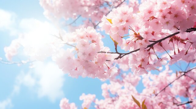 View from under the pink sakura tree blue sky bright. AI generated image