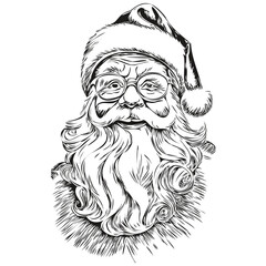 Santa Claus Hand-Drawn Logo Detailed Christmas Illustration, Classic Vintage Style, black white isolated Vector outlines template for greeting card, poster, invitation, logo