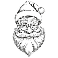 Santa Claus Hand-Drawn Sketch Outline Detailed Sketch, Classic Vintage Style, black white isolated Vector ink outlines template for greeting card, poster, invitation, banner