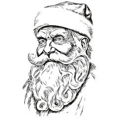 Santa Claus Hand-Drawn Sketch Outline Detailed Sketch, Classic Vintage Style, black white isolated Vector ink outlines template for greeting card, poster, logo