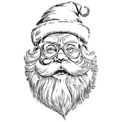 Santa Claus Hand-Drawn Sketch Outline Detailed Sketch, Classic Vintage Style, black white isolated Vector outlines template for greeting card, poster, invitation, logo