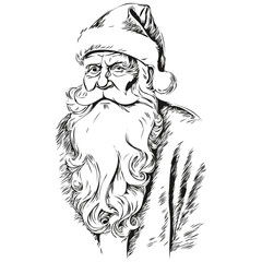 Santa Claus Illustration Hand-Drawn Vintage Engraving, Classic Style for Festive Designs, black white isolated Vector ink outlines template for greeting card, poster, invitation, logo