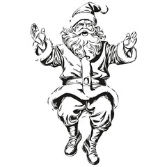 Santa Claus jumps Vintage Engraved Cartoon Detailed Sketch, Classic Style, black white isolated Vector ink outlines template for greeting card, poster, invitation, logo