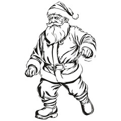 Santa Claus Silhouette Drawing Detailed Christmas Illustration, Classic Vintage Style, black white isolated Vector ink outlines template for greeting card, invitation, logo