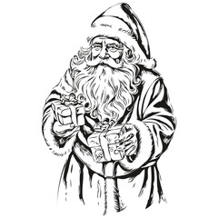 Santa Claus Silhouette Drawing Detailed Christmas Illustration, Classic Vintage Style, black white isolated Vector ink outlines template for greeting card, poster, invitation, banner