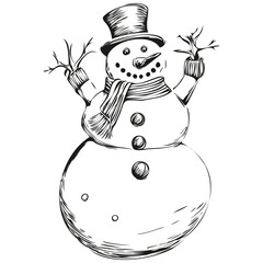Snowman Hand Drawn Vector Illustration Detailed Vintage Engraving of Festive Snowman with Seasonal Emphasis, black white isolated Vector ink outlines template for greeting card