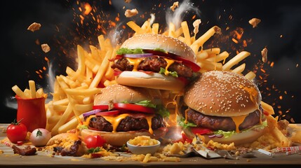 Fast food explosion with fries  burgers  pizza. AI Generative - obrazy, fototapety, plakaty