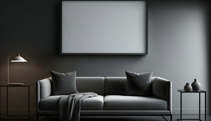 Blank horizontal poster frame mock up in minimal Dark style living room interior, modern living room interior background. generative ai.