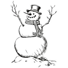 Snowman Hand Drawn Vector Sketch Cartoonish 2024 Snowman in Vintage Engraving Style and Seasonal Details, black white isolated Vector ink outlines template for greeting card, poster, invitation, logo