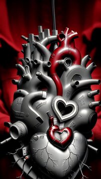Metallic red steampunk painted heart. Valentines day, broken love concept. A heart sewn up from grief. Steampunk futuristic texture