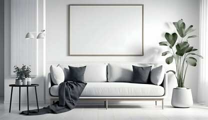 Blank horizontal poster frame mock up in minimal Scandinavian white style living room interior, modern living room interior. generative ai.