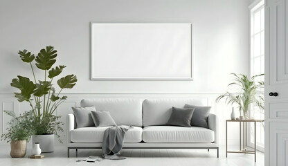 Blank horizontal poster frame mock up in minimal white style living room interior, modern living room interior. generative ai.