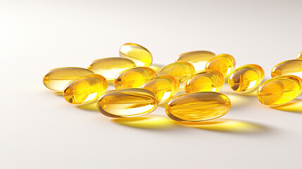Vitamin D, omega 3, omega 6, Food supplement oil filled fish oil, vitamin A, vitamin E on white background with copy space for your design. immunity support capsules. Health care concept.