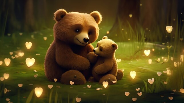 Super cute mama bear sitting on the green grass and hugging baby bear. Happy mother's day card. AI generated image