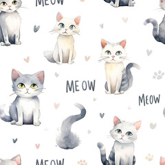 Watercolor seamless pattern with cute cats and "Meow" text isolated on white background.