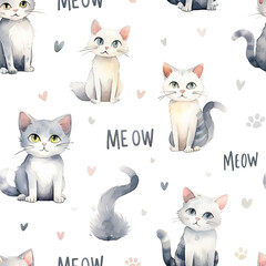 Fototapeta premium Watercolor seamless pattern with cute cats and 